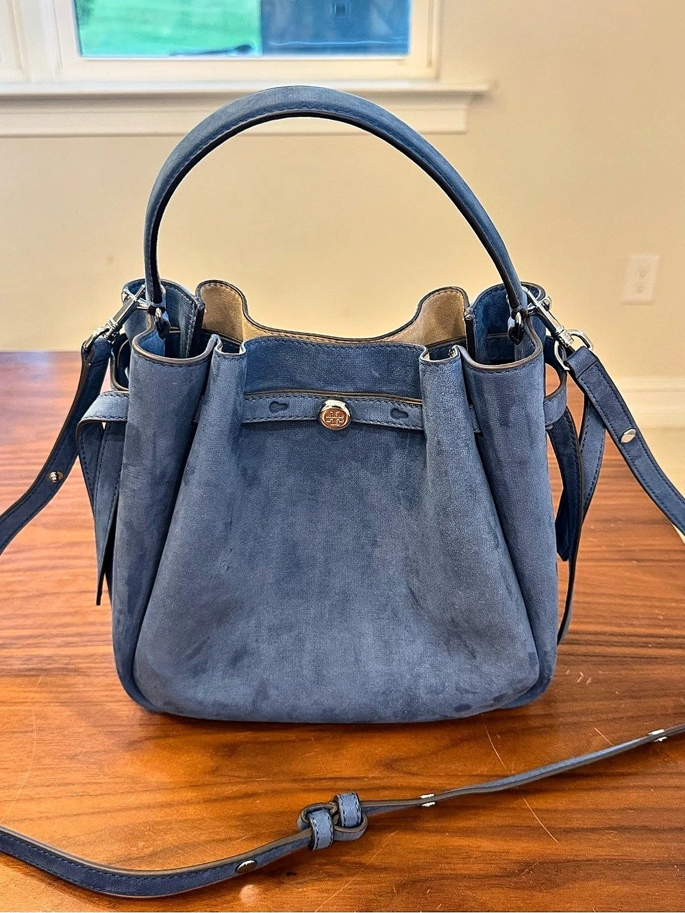 Tory Burch Romy Mini Blue Nubuck Leather Bucket Bag Crossbody - Picture 3 of 15